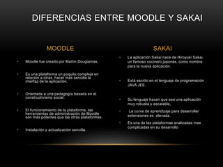 DIFERENCIAS ENTRE MOODLE Y SAKAI 
MOODLE SAKAI 
• La aplicación Sakai nace de Hiroyuki Sakai, 
un famoso cocinero japonés, como nombre 
para la nueva aplicación. 
• Está escrito en el lenguaje de programación 
JAVA JEE. 
• Su lenguaje hacen que sea una aplicación 
muy robusta y escalable, 
• La curva de aprendizaje para desarrollar 
extensiones es elevada. 
• Es una de las plataformas analizadas mas 
complicadas en su desarrollo 
• Moodle fue creado por Martin Dougiamas, 
• Es una plataforma un poquito compleja en 
relación a otras, hacer más sencilla la 
interfaz de la aplicación. 
• Orientada a una pedagogía basada en el 
constructivismo social. 
• El funcionamiento de la plataforma, las 
herramientas de administración de Moodle 
son más potentes que las otras plataformas. 
• Instalación y actualización sencilla. 
 