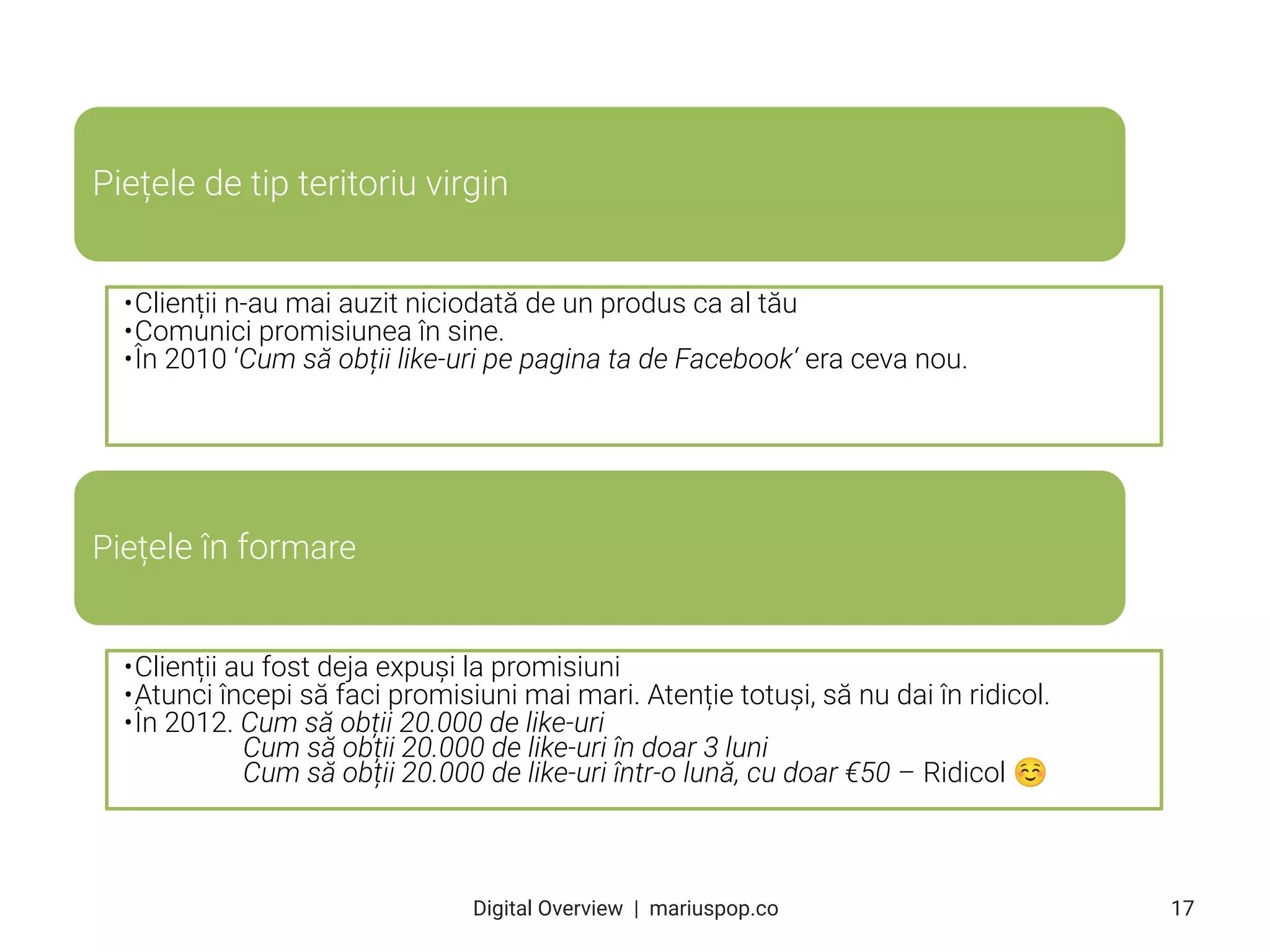 Piețele de tip teritoriu virgin
•Clienții n-au mai auzit niciodată de un produs ca al tău
•Comunici promisiunea în sine.
•În 2010 ‘Cum să obții like-uri pe pagina ta de Facebook‘ era ceva nou.
Piețele în formare
•Clienții au fost deja expuși la promisiuni
•Atunci începi să faci promisiuni mai mari. Atenție totuși, să nu dai în ridicol.
•În 2012. Cum să obții 20.000 de like-uri
Cum să obții 20.000 de like-uri în doar 3 luni
Cum să obții 20.000 de like-uri într-o lună, cu doar €50 – Ridicol ☺
17
Digital Overview  |  mariuspop.co
 