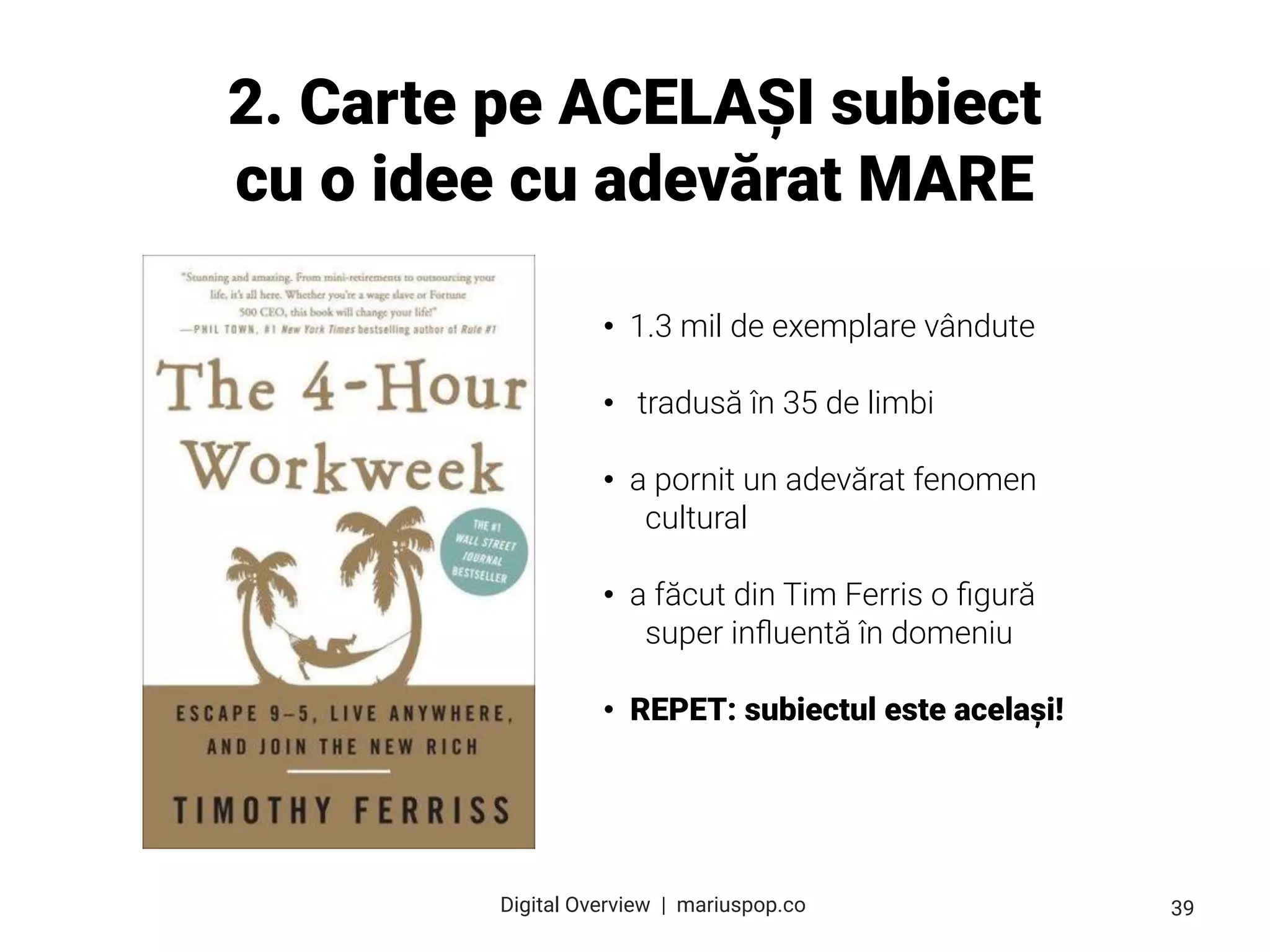 2. Carte pe ACELAȘI subiect
cu o idee cu adevărat MARE
• 1.3 mil de exemplare vândute
• tradusă în 35 de limbi
• a pornit un adevărat fenomen
cultural
• a făcut din Tim Ferris o ﬁgură
super inﬂuentă în domeniu
• REPET: subiectul este același!
39
Digital Overview  |  mariuspop.co
 