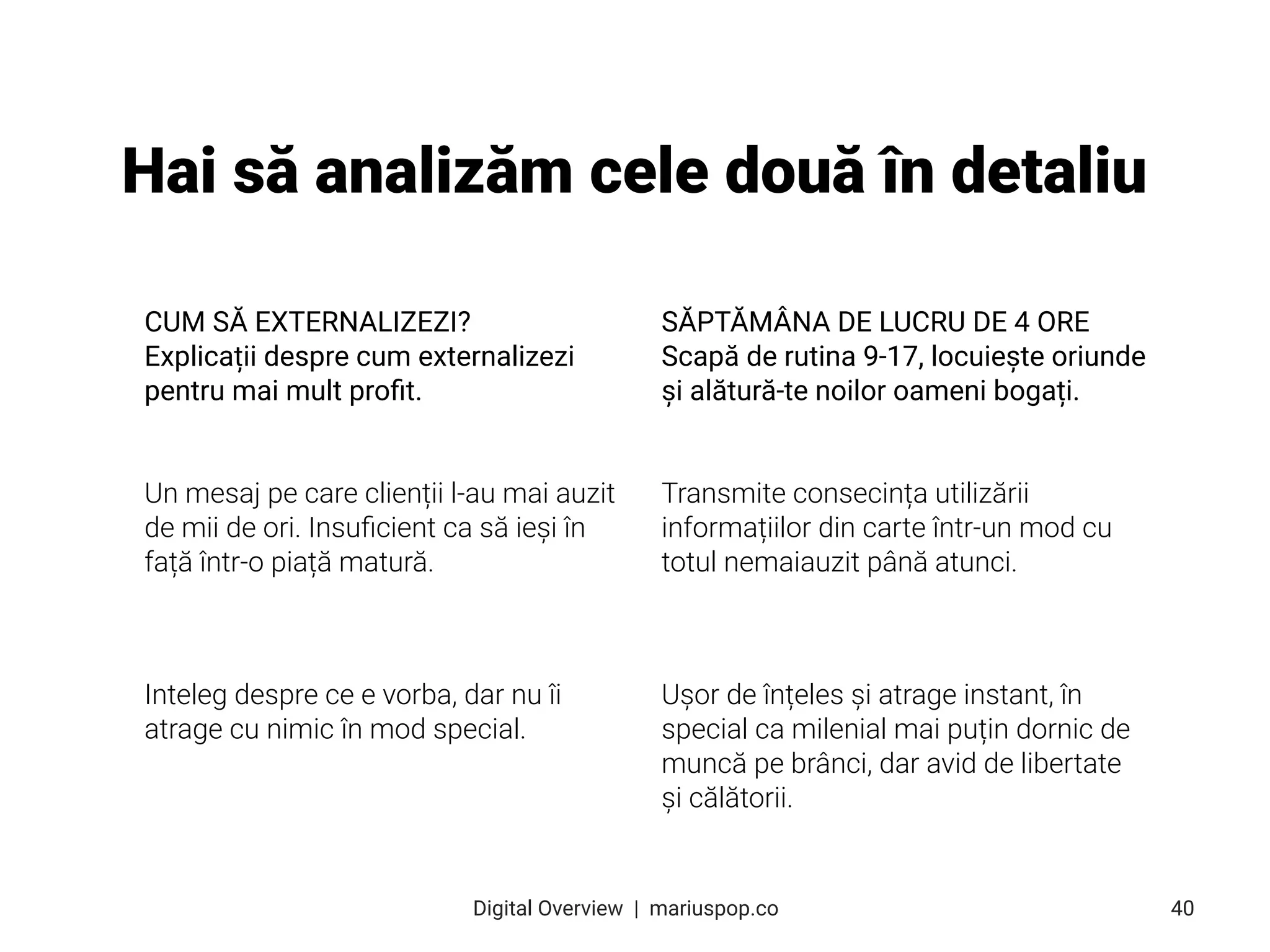 Hai să analizăm cele două în detaliu
CUM SĂ EXTERNALIZEZI?
Explicații despre cum externalizezi
pentru mai mult proﬁt.
SĂPTĂMÂNA DE LUCRU DE 4 ORE
Scapă de rutina 9-17, locuiește oriunde
și alătură-te noilor oameni bogați.
Un mesaj pe care clienții l-au mai auzit
de mii de ori. Insuﬁcient ca să ieși în
față într-o piață matură.
Transmite consecința utilizării
informațiilor din carte într-un mod cu
totul nemaiauzit până atunci.
Inteleg despre ce e vorba, dar nu îi
atrage cu nimic în mod special.
Ușor de înțeles și atrage instant, în
special ca milenial mai puțin dornic de
muncă pe brânci, dar avid de libertate
și călătorii.
40
Digital Overview  |  mariuspop.co
 