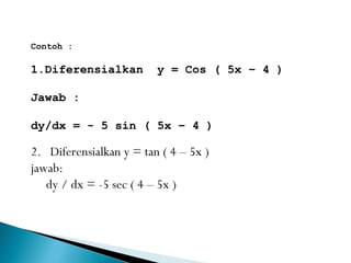Contoh :
1.Diferensialkan y = Cos ( 5x – 4 )
Jawab :
dy/dx = - 5 sin ( 5x – 4 )
2. Diferensialkan y = tan ( 4 – 5x )
jawab:
dy / dx = -5 sec ( 4 – 5x )
 