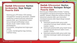 Contoh Diferensiasi Konten
berdasarkan Gaya Belajar
Peserta Didik
Seorang guru IPA kelas 4 SD sedang
mengajarkan mengenai ekosistem. Setelah
melakukan analisa profil dan kebutuhan
peserta didik, guru memberikan materi
sesuai dengan profil belajar siswa:
●audio visual: materi melalui video
pembelajaran,
● kinestetik: mengobservasi lingkungan
sekitar,
● audio: mendengarkan lagu tentang
makhluk hidup.
Seorang guru Matematika di kelas 7 sedang
mengajarkan mengenai penanganan data dan
statistik. Setelah melakukan analisa profil dan
kebutuhan peserta didik, guru kemudian
mendapati peserta didik dapat dibagi menjadi
tiga kelompok;
● Kelompok peserta didik yang sudah
memahami konsep dasar statistik; mean,
median, modus
● Kelompok peserta didik yang masih harus
mengulangi pemahaman dalam mean,
median, modus
● Kelompok peserta didik yang sudah siap
diberikan tantangan dalam penanganan
data
Contoh Diferensiasi Konten
berdasarkan Kesiapan Belajar
Peserta Didik
 