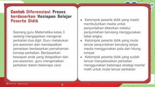 Contoh Diferensiasi Proses
berdasarkan Kesiapan Belajar
Peserta Didik
Seorang guru Matematika kelas 3
sedang mengajarkan mengenai
perkalian dua digit. Guru melakukan
pre-asesmen dan mendapatkan
pemetaan berdasarkan pemahaman
konsep perkalian. Berdasarkan
kesiapan anak yang didapatkan dari
pre-asesmen, guru mengenalkan
perkalian dalam beberapa cara:
● Kelompok peserta didik yang masih
membutuhkan media untuk
penjumlahan diberikan melalui
penjumlahan berulang menggunakan
tabel angka.
● Kelompok peserta didik yang mulai
lancar penjumlahan berulang tanpa
media menggunakan pola dari hitung
lompat
● Kelompok peserta didik yang sudah
lancar menyelesaikan perkalian
menggunakan beberapa strategi mental
math untuk mulai lancar perkalian
 