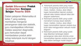 Contoh Diferensiasi Produk
berdasarkan Kesiapan
Belajar Peserta Didik
Dalam pelajaran Matematika di
kelas 7 yang sedang
membahas mengenai
penanganan data dan statistik,
guru mendapatkan informasi
melalui asesmen diagnostik,
guru kemudian dapat
membedakan produk akhir
setiap kelompok murid dengan
misalnya;
● Kelompok peserta didik yang masih
harus mengulangi pemahaman dalam
mean, median, modus, akan diberi
tugas menampilkan laporan analisis
sebuah data melalui sebuah tabel dan
diagram sederhana
● Kelompok peserta didik yang sudah
memahami konsep dasar statistik;
mean, median, modus, akan diberi
tugas menampilkan laporan analisis dua
buah data menggunakan sebuah model
diagram
● Kelompok peserta didik yang sudah
siap diberikan tantangan dalam
penanganan data akan diminta untuk
menampilkan laporan analisis dua buah
data dalam berbagai model diagram
 