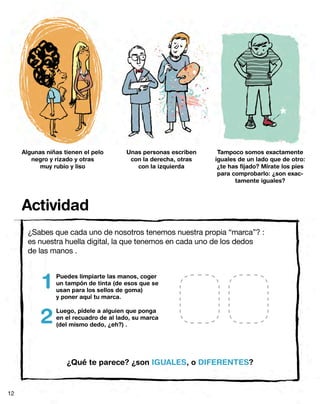 Algunas niñas tienen el pelo       Unas personas escriben    Tampoco somos exactamente
        negro y rizado y otras           con la derecha, otras   iguales de un lado que de otro:
           muy rubio y liso                con la izquierda       ¿te has fijado? Mírate los pies
                                                                  para comprobarlo: ¿son exac-
                                                                        tamente iguales?



     Actividad
       ¿Sabes que cada uno de nosotros tenemos nuestra propia “marca”? :
       es nuestra huella digital, la que tenemos en cada uno de los dedos
       de las manos .



            1   Puedes limpiarte las manos, coger
                un tampón de tinta (de esos que se
                usan para los sellos de goma)
                y poner aquí tu marca.



           2
                Luego, pídele a alguien que ponga
                en el recuadro de al lado, su marca
                (del mismo dedo, ¿eh?) .




                    ¿Qué te parece? ¿son IGUALES, o DIFERENTES?


12
 
