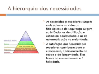 A hierarquia das necessidades As necessidades superiores surgem mais adiante na vida: as fisiológicas e de segurança surgem na infância, as de afiliação e estima na adolescência e as de autorrealização na meia-idade. A satisfação das necessidades superiores contribuem para o crescimento, aprimoramento da saúde e da longevidade. Elas levam ao contentamento e à felicidade. 