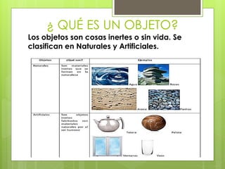 ¿ QUÉ ES UN OBJETO? 
Los objetos son cosas inertes o sin vida. Se 
clasifican en Naturales y Artificiales. 
 