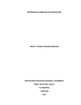 DIFERENTES ELEMENTOS DE PROTECCION




     ANYELY YURANY HOLGUIN GIRALDO




INSTITUCION EDUCATIVA NACIONAL ACADEMICO

         SENA, VALLE DEL CAUCA

              10-2 MATINAL

                CARTAGO

                  2012
 