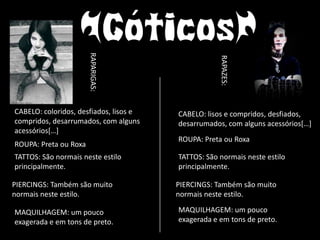 RAPARIGAS:




                                                    RAPAZES:
CABELO: coloridos, desfiados, lisos e   CABELO: lisos e compridos, desfiados,
compridos, desarrumados, com alguns     desarrumados, com alguns acessórios[…]
acessórios[…]
                                        ROUPA: Preta ou Roxa
ROUPA: Preta ou Roxa
TATTOS: São normais neste estilo        TATTOS: São normais neste estilo
principalmente.                         principalmente.

PIERCINGS: Também são muito             PIERCINGS: Também são muito
normais neste estilo.                   normais neste estilo.

MAQUILHAGEM: um pouco                   MAQUILHAGEM: um pouco
exagerada e em tons de preto.           exagerada e em tons de preto.
 