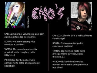 RAPARIGAS:




                                                      RAPAZES:
CABELO: Colorido, Volumoso e Liso, com
                                         CABELO: Colorido, Liso, e habitualmente
algumas extensões e acessórios!
                                         com Franga!
ROUPA: Preta com estampados
                                         ROUPA: Preta com estampados
coloridos e padrões!
                                         coloridos e padrões!
TATTOS: São normais neste estilo
                                         TATTOS: São normais neste estilo
principalmente corações, Hello
                                         principalmente Caveiras, notas
Kitty’s, […]
                                         musicais, […]
PIERCINGS: Também são muito
                                         PIERCINGS: Também são muito
normais neste estilo principalmente
                                         normais neste estilo principalmente
nos lábios!
                                         nos lábios!
 