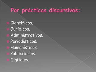  Científicos.
 Jurídicos.
 Administrativos.
 Periodísticos.
 Humanísticos.
 Publicitarios.
 Digitales.
 