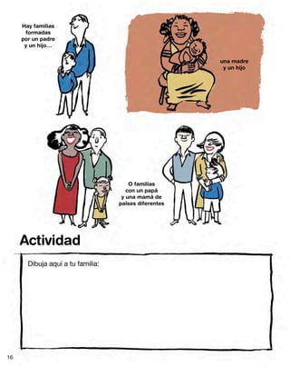 Dibuja aquí a tu familia:
Hay familias
formadas
por un padre
y un hijo…
una madre
y un hijo
O familias
con un papá
y una mamá de
países diferentes
Actividad
16
 