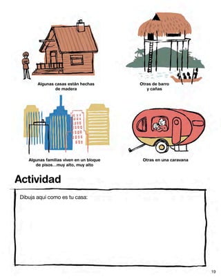 Algunas casas están hechas
de madera
Otras de barro
y cañas
Algunas familias viven en un bloque
de pisos…muy alto, muy alto
Otras en una caravana
Dibuja aquí como es tu casa:
Actividad
19
 