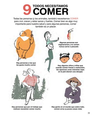 TODOS NECESITAMOS
COMER9Todas las personas (y los animales, también) necesitamos COMER
para vivir, crecer y estar sanos y fuertes. Comer bien es algo muy
importante para nuestra salud y para algunas personas, comer
también es un placer.
Hay personas a las que
les gusta mucho comer
Hay personas que por el trabajo que
realizan necesitan comer mucho
Algunas personas son
vegetarianas y no comen
nunca carne o pescado
Hay algunos niños y niñas que
cuando comen fresas o melocotón,
les aparecen unas manchas rojas
en la piel (tienen una alergia)
Hay gente en el mundo que sobre todo,
comen arroz (y pocas cosas más)
33
 