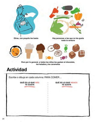 Otras, con poquito les basta
Pero por lo general, a todos los niños les gustan el chocolate,
los helados y los caramelos
Hay personas a las que no les gusta
nada la verdura
Actividad
Escribe o dibuja en cada columna: PARA COMER…
QUÉ ES LO QUE MÁS
TE GUSTA
QUÉ ES LO QUE MENOS
TE GUSTA
34
 