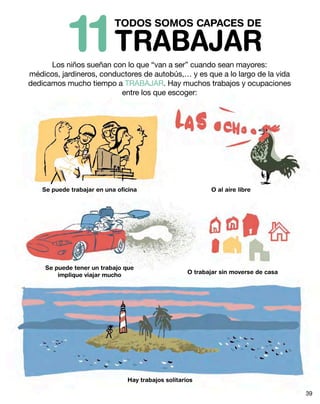 TODOS SOMOS CAPACES DE
TRABAJAR11Los niños sueñan con lo que “van a ser” cuando sean mayores:
médicos, jardineros, conductores de autobús,… y es que a lo largo de la vida
dedicamos mucho tiempo a TRABAJAR. Hay muchos trabajos y ocupaciones
entre los que escoger:
Se puede trabajar en una oficina
Se puede tener un trabajo que
implique viajar mucho
O al aire libre
O trabajar sin moverse de casa
Hay trabajos solitarios
39
 