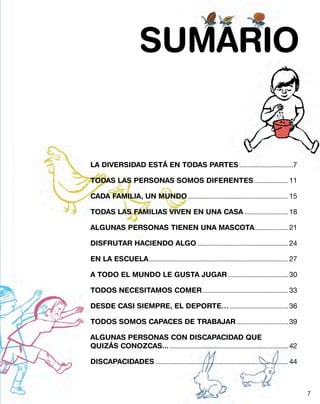 LA DIVERSIDAD ESTÁ EN TODAS PARTES..................................7
TODAS LAS PERSONAS SOMOS DIFERENTES...................... 11
CADA FAMILIA, UN MUNDO............................................................... 15
TODAS LAS FAMILIAS VIVEN EN UNA CASA............................ 18
ALGUNAS PERSONAS TIENEN UNA MASCOTA...................... 21
DISFRUTAR HACIENDO ALGO......................................................... 24
EN LA ESCUELA....................................................................................... 27
A TODO EL MUNDO LE GUSTA JUGAR...................................... 30
TODOS NECESITAMOS COMER...................................................... 33
DESDE CASI SIEMPRE, EL DEPORTE…..................................... 36
TODOS SOMOS CAPACES DE TRABAJAR................................. 39
ALGUNAS PERSONAS CON DISCAPACIDAD QUE
QUIZÁS CONOZCAS............................................................................. 42
DISCAPACIDADES................................................................................... 44
SUMARIO
7
 