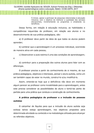 OLIVEIRA, Ivanilde Apoluceno de; SOUZA, Sulivan Ferreira de (Org.). Diferentes
olhares epistemológicos sobre a educação. Belém: CCSE-UEPA, 2017
132
f) Iniciar, apoiar e participar de pesquisas relacionadas à educação
inclusiva, com o objetivo de melhorar a qualidade dos serviços
educacionais, incrementando os programas e ampliando os
benefícios.
Dessa forma, em relação à educação inclusiva, as habilidades e
competências requeridas do professor, em relação aos alunos e no
desenvolvimento de sua prática pedagógica, são:
a) O professor deve partir da ideia de que todos os alunos podem
aprender;
b) Lembrar que a aprendizagem é um processo individual, ocorrendo
de maneira ativa em cada pessoa;
c) Desenvolver a auto-estima é uma das condições de aprendizagem;
e
d) contribuir para a preparação dos outros alunos para lidar com as
diferenças.
O professor precisa a partir do conhecimento de si mesmo, de sua
prática pedagógica, objetivos e interesses, pensar o aluno autista, como um
ser também capaz de estar no mundo, construí-lo e/ou modificá-lo.
Assim, entende-se hoje que a deficiência não deve em momento
algum parecer ao professor como inviabilidade para a aprendizagem, antes
este precisa considerar as possibilidades do aluno e tomá-las ponto de
partida para uma prática que conduza a construção do conhecimento.
A prática pedagógica do professor e a inclusão de pessoas
autistas
O calcanhar de Àquiles para que a inclusão do aluno autista seja
exitosa talvez esteja aprendizagem, nos objetivos propostos para
determinada atividade ou conteúdo e na metodologia utilizada para alcançar
os referidos objetivos.
 