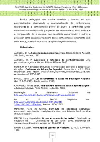 OLIVEIRA, Ivanilde Apoluceno de; SOUZA, Sulivan Ferreira de (Org.). Diferentes
olhares epistemológicos sobre a educação. Belém: CCSE-UEPA, 2017
139
Prática pedagógica que precisa visualizar o humano em suas
potencialidades, observando a contextualização do conhecimento,
respeitando-se o conhecimento prévio do aluno, o sentimento lúdico
desenvolvido na criatividade que precisa ser estimulada no aluno autista, e
a compreensão de si mesmo, que possibilita compreender o outro; o
professor como construtor também desse conhecimento juntamente com
seus alunos, possibilitando troca de aprendizagens e ensinos.
Referências
AUSUBEL, D. P. A aprendizagem significativa: a teoria de David Ausubel.
São Paulo, Moraes, 1982.
AUSUBEL, D. P. Aquisição e retenção de conhecimentos: Uma
perspectiva cognitiva, Lisboa: Editora Plátano, 2003.
BEYER, H. O. A Educação Inclusiva: incompletudes escolares e perspectivas
de ação. Cadernos de Educação Especial. Santa Maria, n.22, 2003.
Disponível em: http// www.ufsm.br/ce/revista/ceesp/2003/02/a3.htm.
Acessado em 20/05/2015
BRASIL. Nova LDB. Lei de Diretrizes e Bases da Educação Nacional
(Lei nº 9.394/96). Rio de janeiro, 1998;
CARVALHO, Rosita Edler. Removendo barreiras para a aprendizagem:
educação inclusiva. Porto Alegre: Mediação, 2000.
Declaração de Salamanca. Disponível em
http://portal.mec.gov.br/seesp/arquivos/pdf/salamanca.pdf
Lei n° 12. 764/12. Disponível em:
http://www.planalto.gov.br/ccivil_03/_ato2011-
2014/2012/lei/l12764.htm, Acesso 18/06/2015
MINETTO, Maria de Fátima. Currículo na educação Inclusiva:
entendendo este desafio. 1ª edição – Curitiba: InterSaberes, 2012. – (Série
Inclusão escolar)
MRECH, Leny Magalhães. O que é educação inclusiva? Faculdade de
educação da Universidade de São Paulo. 2001. Disponível em
<www.educaçãoonline>. Acesso em 28/06/2015.
RAPIN, I. Autism. New England journal of Medicine, 337 (2), p. 97-104,
1997.
 