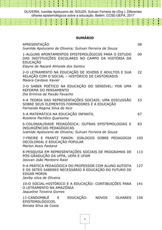 OLIVEIRA, Ivanilde Apoluceno de; SOUZA, Sulivan Ferreira de (Org.). Diferentes
olhares epistemológicos sobre a educação. Belém: CCSE-UEPA, 2017
6
SUMÁRIO
APRESENTAÇÃO
Ivanilde Apoluceno de Oliveira; Sulivan Ferreira de Souza
08
1-ALGUNS APONTAMENTOS EPISTEMOLÓGICOS PARA O ESTUDO
DAS INSTITUIÇÕES ESCOLARES NO CAMPO DA HISTÓRIA DA
EDUCAÇÃO
Elayne de Nazaré Almeida dos Santos
09
2-O LETRAMENTO NA EDUCAÇÃO DE JOVENS E ADULTOS E SUA
RELAÇÃO COM O SOCIAL – HISTÓRICO DE CASTORIADIS
Maiara Cardoso Xavier
22
3-O SABER POÉTICO NA EDUCAÇÃO DO SENSÍVEL: POR UMA
REFORMA DO PENSAMENTO
Dia Ermínia da Paixão Favacho
36
4-A TEORIA DAS REPRESENTAÇÕES SOCIAIS: UMA DISCUSSÃO
SOBRE SEUS ELEMENTOS FORMADORES E A EDUCAÇÃO
Fernanda Regina Silva de Aviz
53
5-A MATEMÁTICA NA EDUCAÇÃO INFANTIL
Rosilene Pachêco Quaresma
67
6-COLONIALIDADE PEDAGÓGICA: OUTRAS EPISTEMOLOGIAS E
INSURGÊNCIAS PEDAGÓGICAS
Ivanilde Apoluceno de Oliveira; Sulivan Ferreira de Souza
83
7-FREIRE E FRANTZ FANON: DIÁLOGOS SOBRE PEDAGOGIA
DECOLONIAL E EDUCAÇÃO POPULAR
Marlon Assis Pastana
100
8-PESQUISA EM REPRESENTAÇÕES SOCIAIS DE PROGRAMAS DE
PÓS-GRADUÇÃO DA UFPA, UEPA E UFAM
Josivan João Monteiro Raiol
113
9-A PRÁTICA PEDAGÓGICA DO PROFESSOR COM ALUNO AUTISTA
E OS SETES SABERES NECESSÁRIO À EDUCAÇÃO DO FUTURO DE
EDGAR MORIN
Janiby silva de Oliveira
127
10-O SOCIAL-HISTÓRICO E A EDUCAÇÃO: CONTIBUIÇÕES PARA
O LETRAMENTO NA AMAZÔNIA
Jaqueline Teixeira Gomes
141
11-CANDOMBLÉ E EDUCAÇÃO: NOVOS OLHARES
EPISTEMOLÓGICOS.
Renata Silva da Costa
156
 