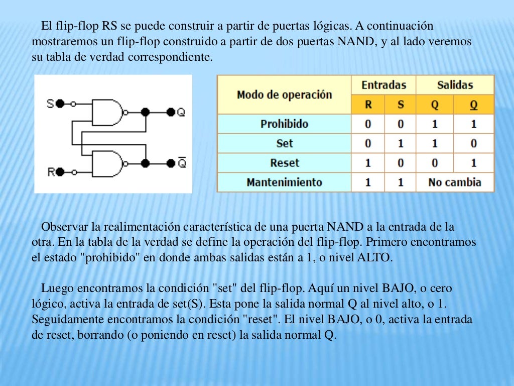 Diferentes tipos de flip flops (jk, sr, d, t) sus tablas de verdad,