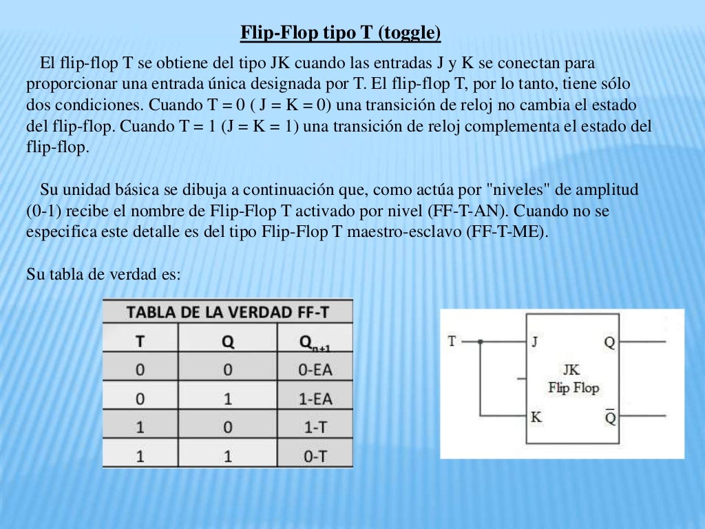 Diferentes tipos de flip flops (jk, sr, d, t) sus tablas de verdad,