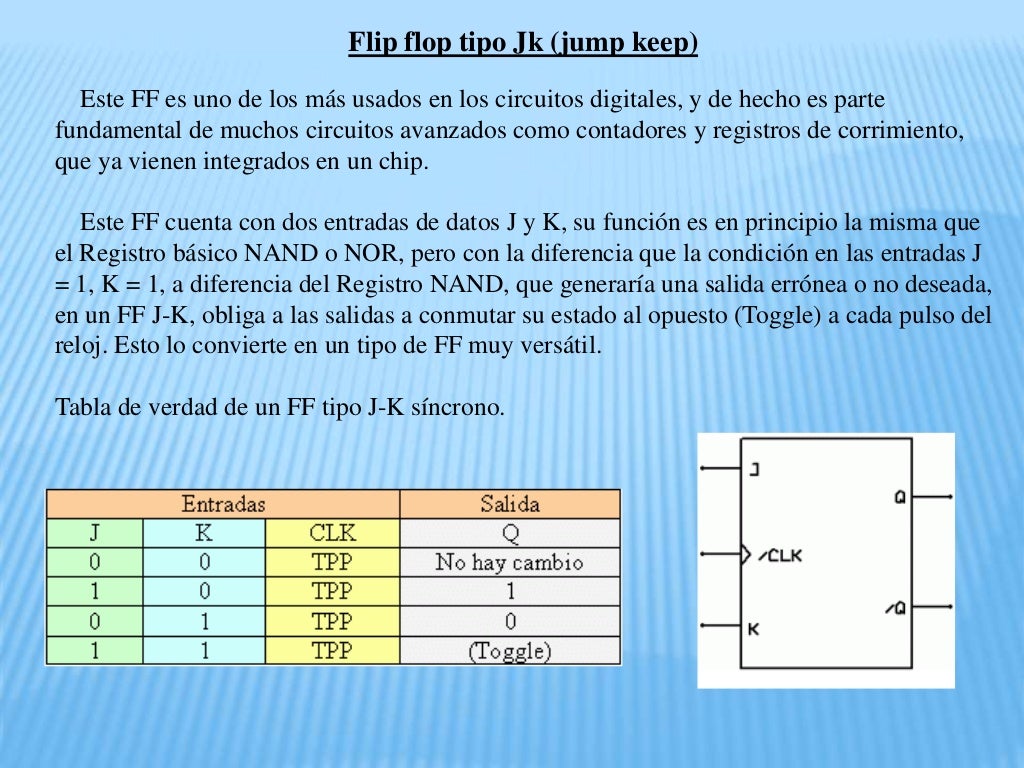 Diferentes tipos de flip flops (jk, sr, d, t) sus tablas de verdad,