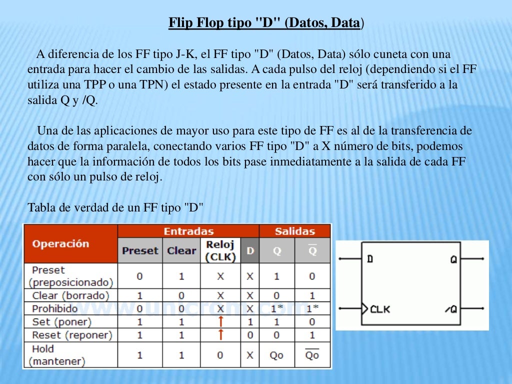 Diferentes tipos de flip flops (jk, sr, d, t) sus tablas de verdad,