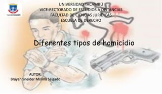 Diferentes tipos de homicidio
AUTOR:
Brayan Sneider Molina Salgado
UNIVERSIDAD YACAMBÚ
VICE-RECTORADO DE ESTUDIOS A DISTANCIAS
FACULTAD DE CIENCIAS JURIDICAS
ESCUELA DE DERECHO
 