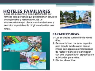 HOTELES FAMILIARESEstos son pequeños y están gestionados por
familias para personas que proporcionan servicios
de alojamiento y restauración. Es un
establecimiento que oferta unas instalaciones y
servicios especialmente dirigidos a familias con
niños.
CARACTERISTICAS:
 Las estancias suelen ser de varios
días.
 Se caracterizan por tener espacios
para todo la familia como parque
infantil con aparatos o instalaciones
de recreo y Servicio de animación
con una programación específica de
actividades para niños.
 Piscina al aire libre.
 