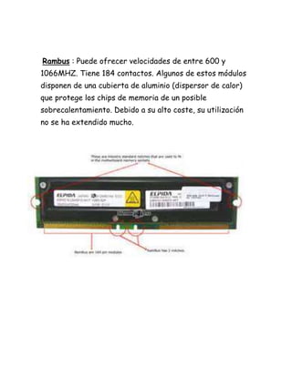 Rambus : Puede ofrecer velocidades de entre 600 y
1066MHZ. Tiene 184 contactos. Algunos de estos módulos
disponen de una cubierta de aluminio (dispersor de calor)
que protege los chips de memoria de un posible
sobrecalentamiento. Debido a su alto coste, su utilización
no se ha extendido mucho.
 