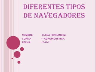 DIFERENTES TIPOS
DE NAVEGADORES

NOMBRE:   ELENA HERNANDEZ.
CURSO:    1º AGROINDUSTRIA.
FECHA:    17-11-11
 