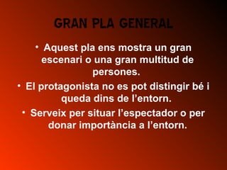 GRAN PLA GENERAL
• Aquest pla ens mostra un gran
escenari o una gran multitud de
persones.
• El protagonista no es pot distingir bé i
queda dins de l’entorn.
• Serveix per situar l’espectador o per
donar importància a l’entorn.
 