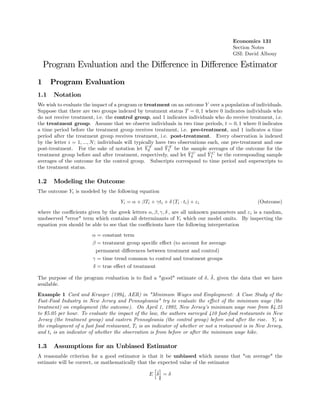 Economics 131
Section Notes
GSI: David Albouy
Program Evaluation and the Diﬀerence in Diﬀerence Estimator
1 Program Evalua...