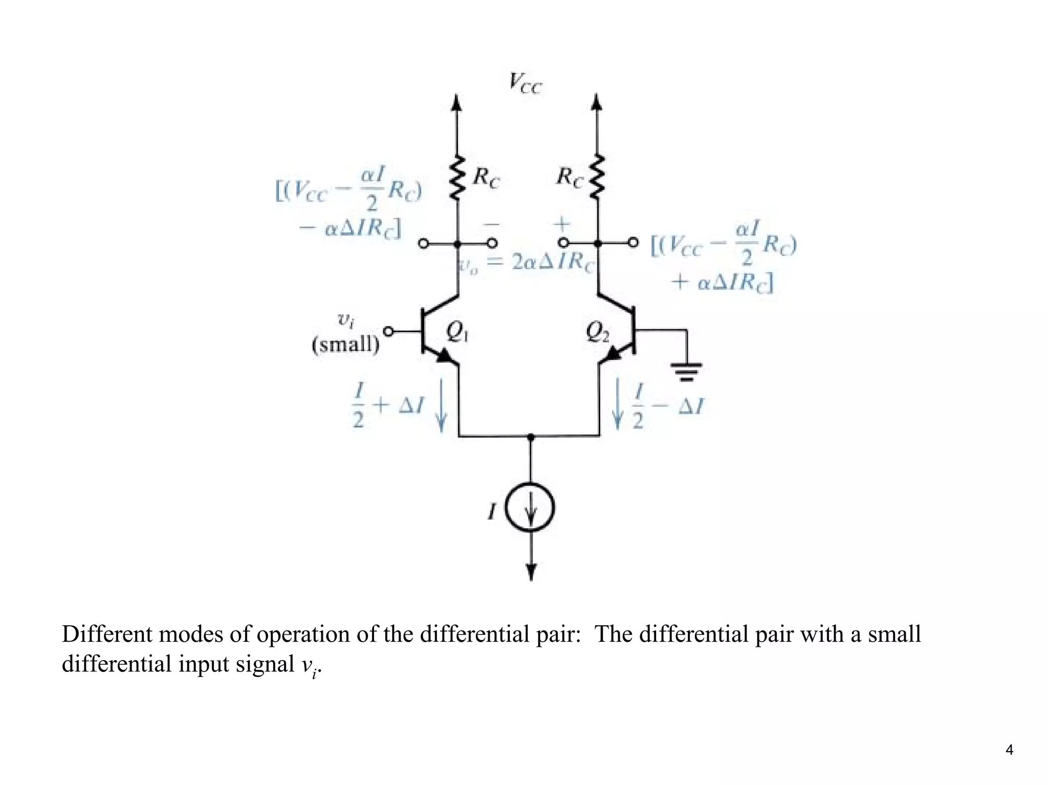 Different modes of operation of the differential pair: The differential pair with a small
differential input signal vi.


                                                                                            4
 