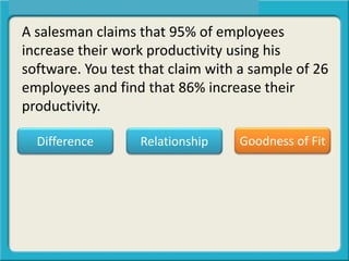 A salesman claims that 95% of employees
increase their work productivity using his
software. You test that claim with a sample of 26
employees and find that 86% increase their
productivity.
Difference Relationship Goodness of Fit
 