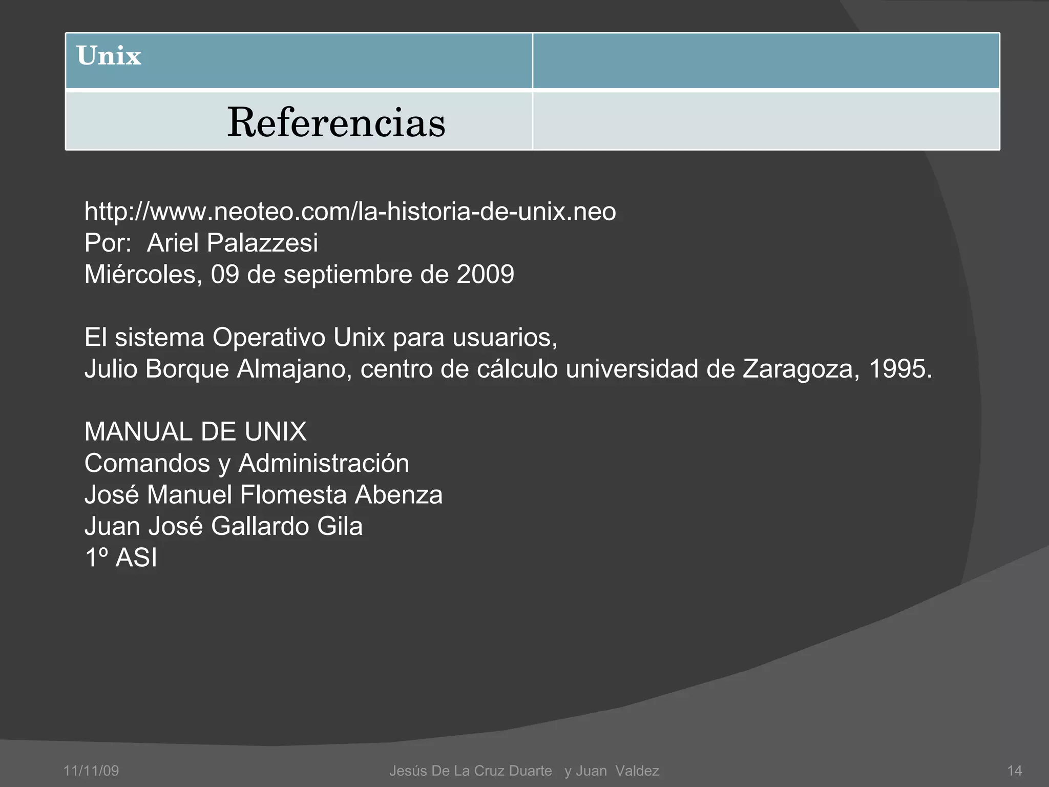 11/11/09 http://www.neoteo.com/la-historia-de-unix.neo Por:  Ariel Palazzesi Miércoles, 09 de septiembre de 2009    El sistema Operativo Unix para usuarios,  Julio Borque Almajano, centro de cálculo universidad de Zaragoza, 1995.   MANUAL DE UNIX Comandos y Administración José Manuel Flomesta Abenza Juan José Gallardo Gila 1º ASI  Jesús De La Cruz Duarte  y Juan  Valdez Unix Referencias 