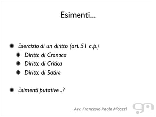 Esimenti...
!
!

Esercizio di un diritto (art. 51 c.p.)	

Diritto di Cronaca	

Diritto di Critica	

Diritto di Satira	

!

Esimenti putative...?
Avv. Francesco Paolo Micozzi

 