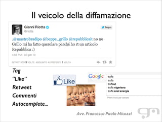 Il veicolo della diffamazione
!
!
!
!
!

Tag
“Like”	

Retweet
Commenti
Autocomplete...
Avv. Francesco Paolo Micozzi

 
