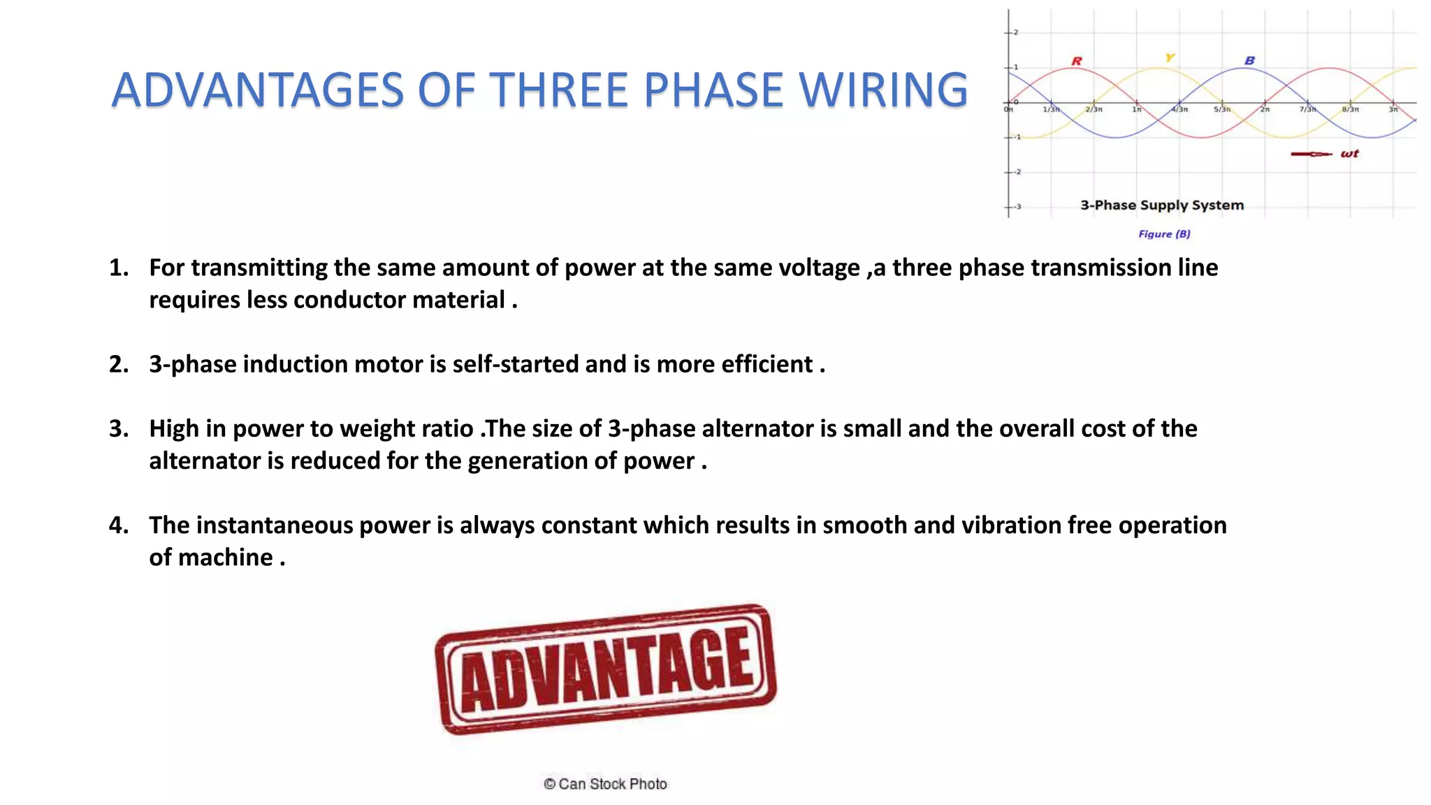 1. For transmitting the same amount of power at the same voltage ,a three phase transmission line
requires less conductor material .
2. 3-phase induction motor is self-started and is more efficient .
3. High in power to weight ratio .The size of 3-phase alternator is small and the overall cost of the
alternator is reduced for the generation of power .
4. The instantaneous power is always constant which results in smooth and vibration free operation
of machine .
ADVANTAGES OF THREE PHASE WIRING
 