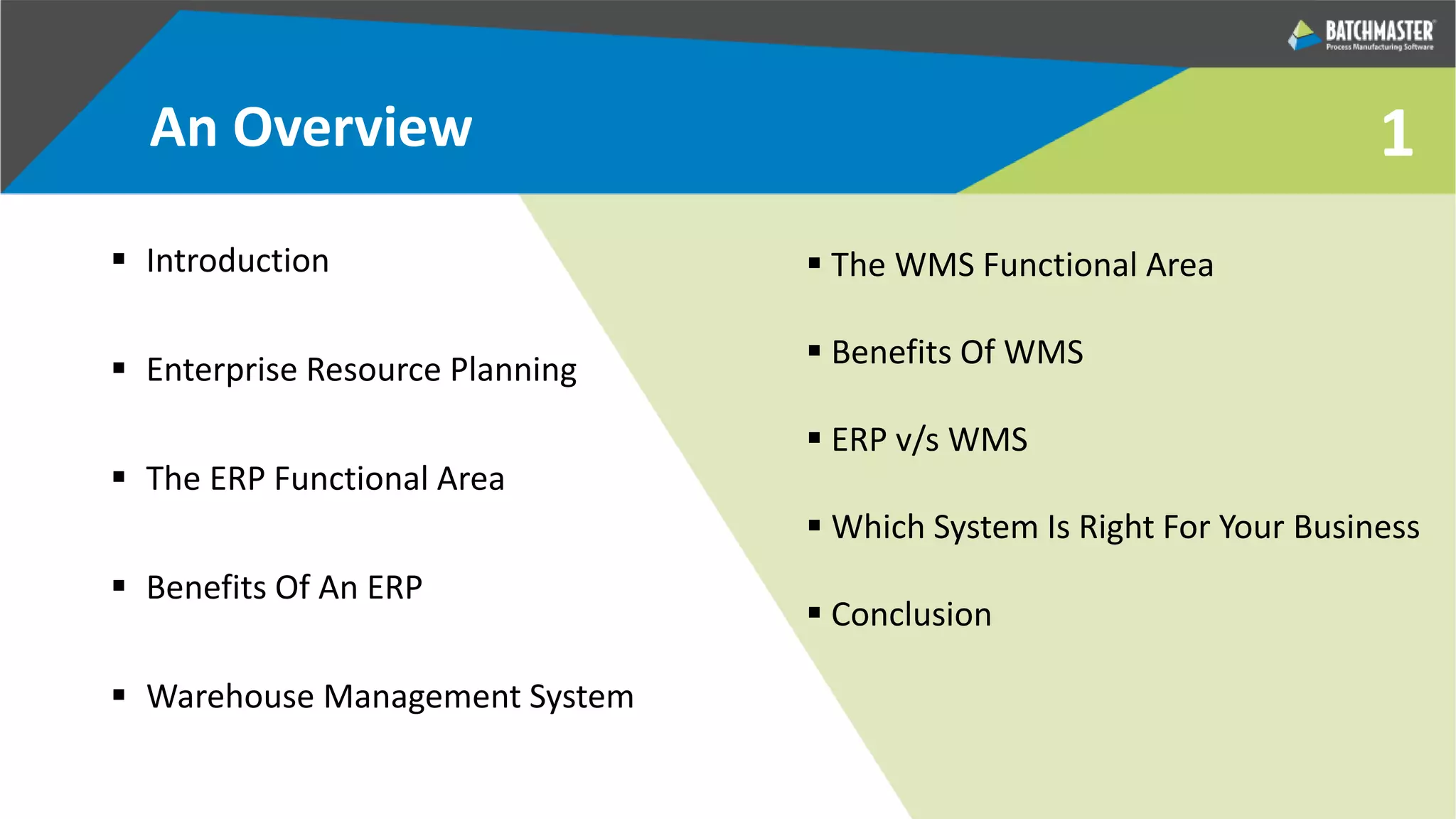 An Overview 1
 Introduction
 Enterprise Resource Planning
 The ERP Functional Area
 Benefits Of An ERP
 Warehouse Management System
 The WMS Functional Area
 Benefits Of WMS
 ERP v/s WMS
 Which System Is Right For Your Business
 Conclusion
 