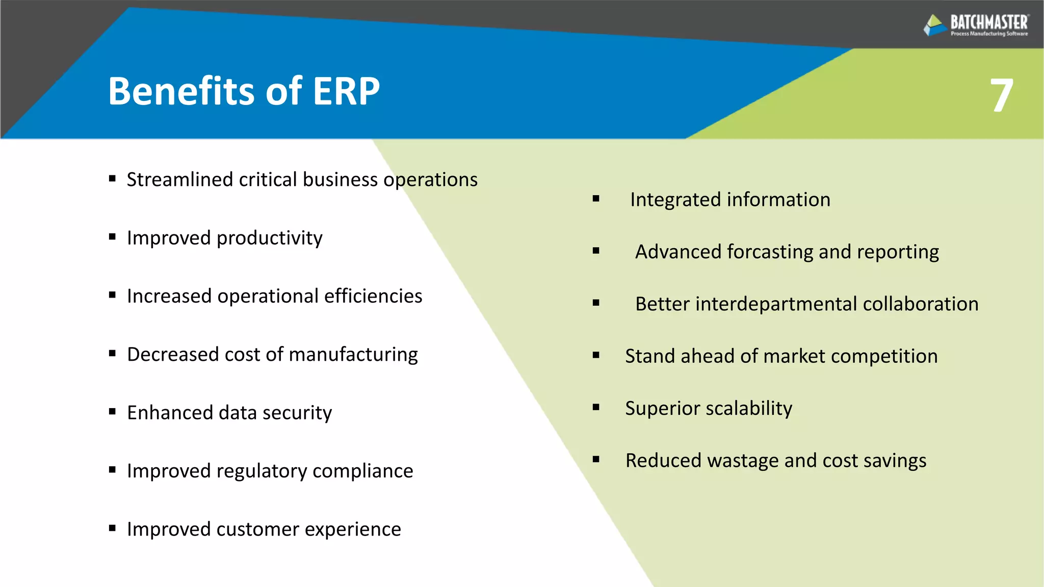 7Benefits of ERP
 Streamlined critical business operations
 Improved productivity
 Increased operational efficiencies
 Decreased cost of manufacturing
 Enhanced data security
 Improved regulatory compliance
 Improved customer experience
 Integrated information
 Advanced forcasting and reporting
 Better interdepartmental collaboration
 Stand ahead of market competition
 Superior scalability
 Reduced wastage and cost savings
 