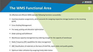 9The WMS Functional Area
An effective and efficient WMS executes following functions successfully :
 Inventory location assignments, which accounts for assigning respective storage location to the incoming
goods
 Cross Docking Management
 Put-away, picking and allocation optimization
 Order picking and fulfillment
 Warehouse capacity management by ordering enough for the capacity of warehouse
 Radio Frequency (RF) capabilities for data management
 ABC Classification of materials on the basis of shelf life, expiry dates and quality grades.
 Optimum labor utilization by assigning timely labor duties
 