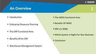 An Overview 1
 Introduction
 Enterprise Resource Planning
 The ERP Functional Area
 Benefits Of An ERP
 Warehouse Management System
 The WMS Functional Area
 Benefits Of WMS
 ERP v/s WMS
 Which System Is Right For Your Business
 Conclusion
 