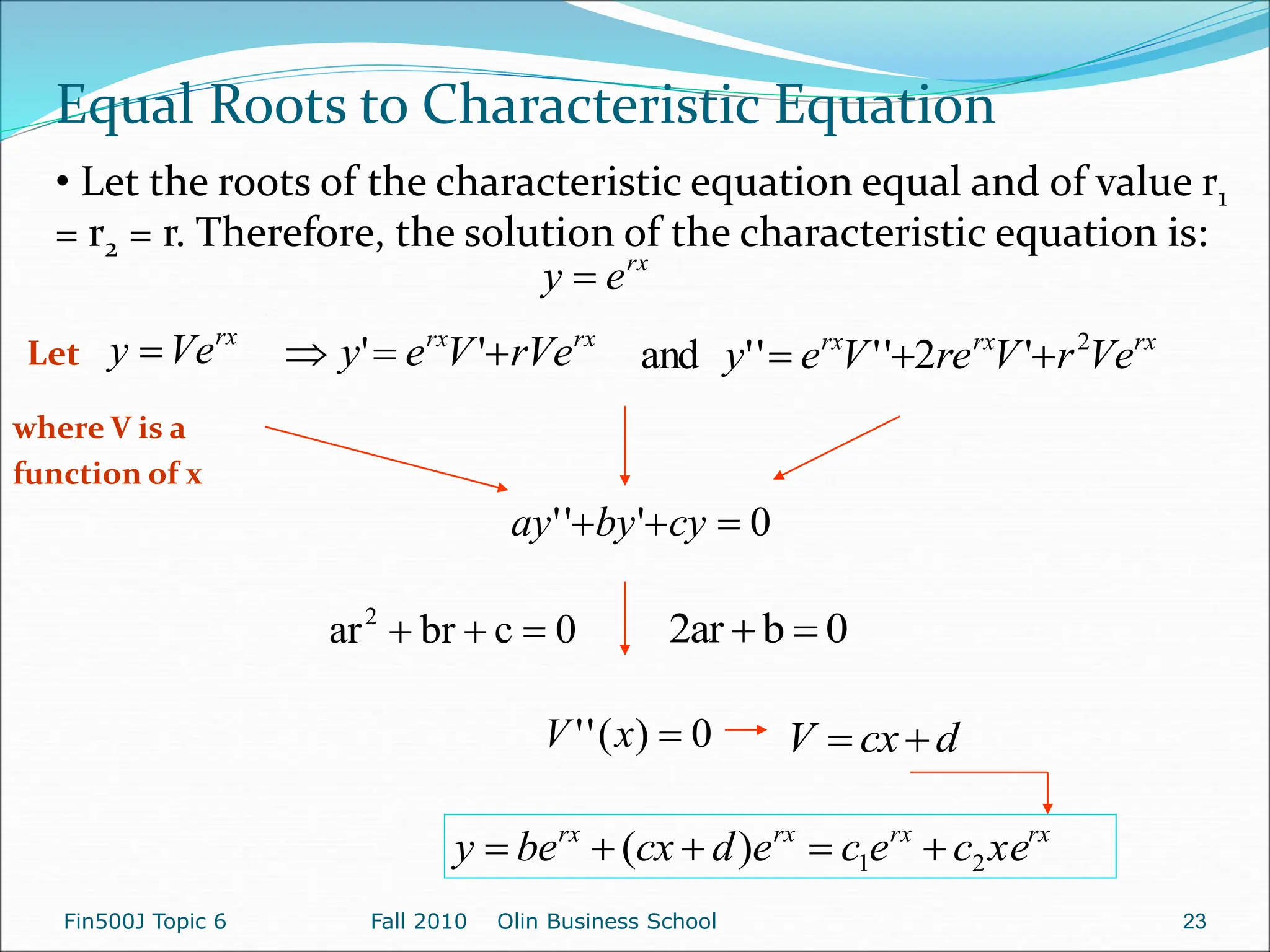 rx
e
y 
rx
rx
rVe
V
e
y 

 '
'
rx
Ve
y 
Let rx
rx
rx
Ve
r
V
re
V
e
y 2
'
2
'
'
'
'
and 


where V is a
function of x
0
'
'
' 

 cy
by
ay
0
)
(
'
' 
x
V d
cx
V 

rx
rx
rx
rx
xe
c
e
c
e
d
cx
be
y 2
1
)
( 




Equal Roots to Characteristic Equation
• Let the roots of the characteristic equation equal and of value r1
= r2 = r. Therefore, the solution of the characteristic equation is:
0
c
br
ar2


 0
b
ar
2 

Fin500J Topic 6 Fall 2010 Olin Business School 23
 