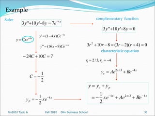 Example
Solve x
e
y
y
y 4
7
8
'
10
'
'
3 



x
Cxe
y 4


x
Ce
x
y 4
)
4
1
(
' 


x
Ce
x
y 4
)
8
16
(
'
' 


7
10
24 

 C
C
2
1


C
x
p xe
y 4
2
1 


0
)
4
)(
2
3
(
8
10
3 2





 r
r
r
r
characteristic equation
x
x
c Be
Ae
y 4
3
/
2 


x
x
x
p
c
Be
Ae
xe
y
y
y
4
3
/
2
4
2
1 







0
8
'
10
'
'
3 

 y
y
y
complementary function
4
,
3
/
2 2
1 

 r
r
Fin500J Topic 6 Fall 2010 Olin Business School 30
 