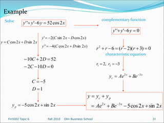Example
Solve
x
y
y
y 2
cos
52
6
'
'
' 


x
D
x
C
y 2
sin
2
cos 

)
2
cos
2
sin
(
2
' x
D
x
C
y 


)
2
sin
2
cos
(
4
'
' x
D
x
C
y 


0
10
2
52
2
10






D
C
D
C
1
5



D
C
x
x
yp 2
sin
2
cos
5 


0
)
3
)(
2
(
6
2





 r
r
r
r
characteristic equation
x
x
c Be
Ae
y 3
2 


x
x
Be
Ae
y
y
y
x
x
p
c
2
sin
2
cos
5
3
2







0
6
'
'
' 

 y
y
y
complementary function
3
,
2 2
1 

 r
r
Fin500J Topic 6 Fall 2010 Olin Business School 31
 