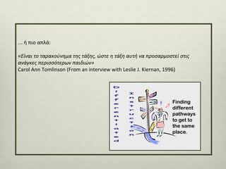 ... ή πιο απλά:
«Είναι το ταρακούνημα της τάξης, ώστε η τάξη αυτή να προσαρμοστεί στις
ανάγκες περισσότερων παιδιών»
Carol Ann Tomlinson (From an interview with Leslie J. Kiernan, 1996)

 