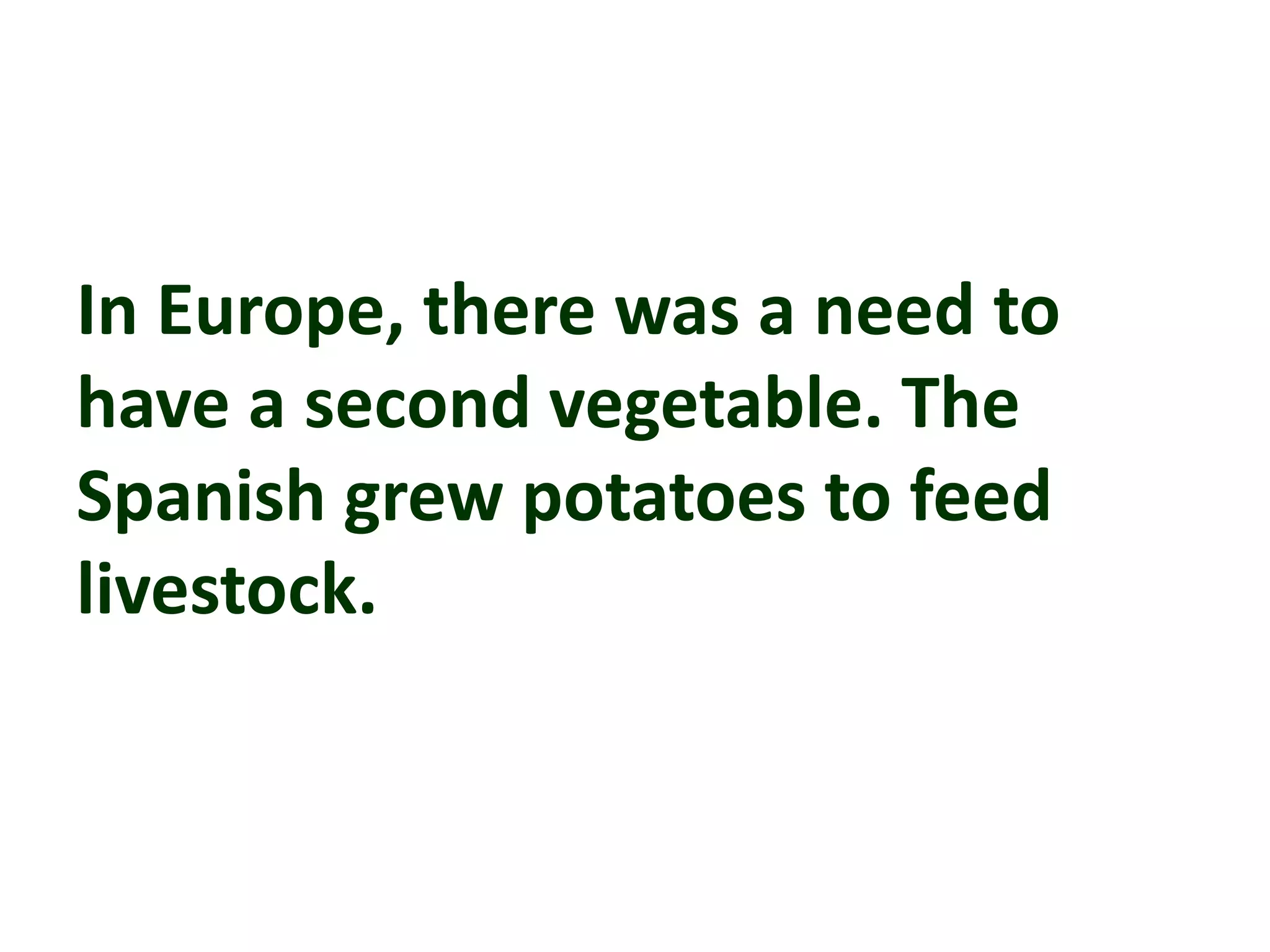 In Europe, there was a need to
have a second vegetable. The
Spanish grew potatoes to feed
livestock.
 