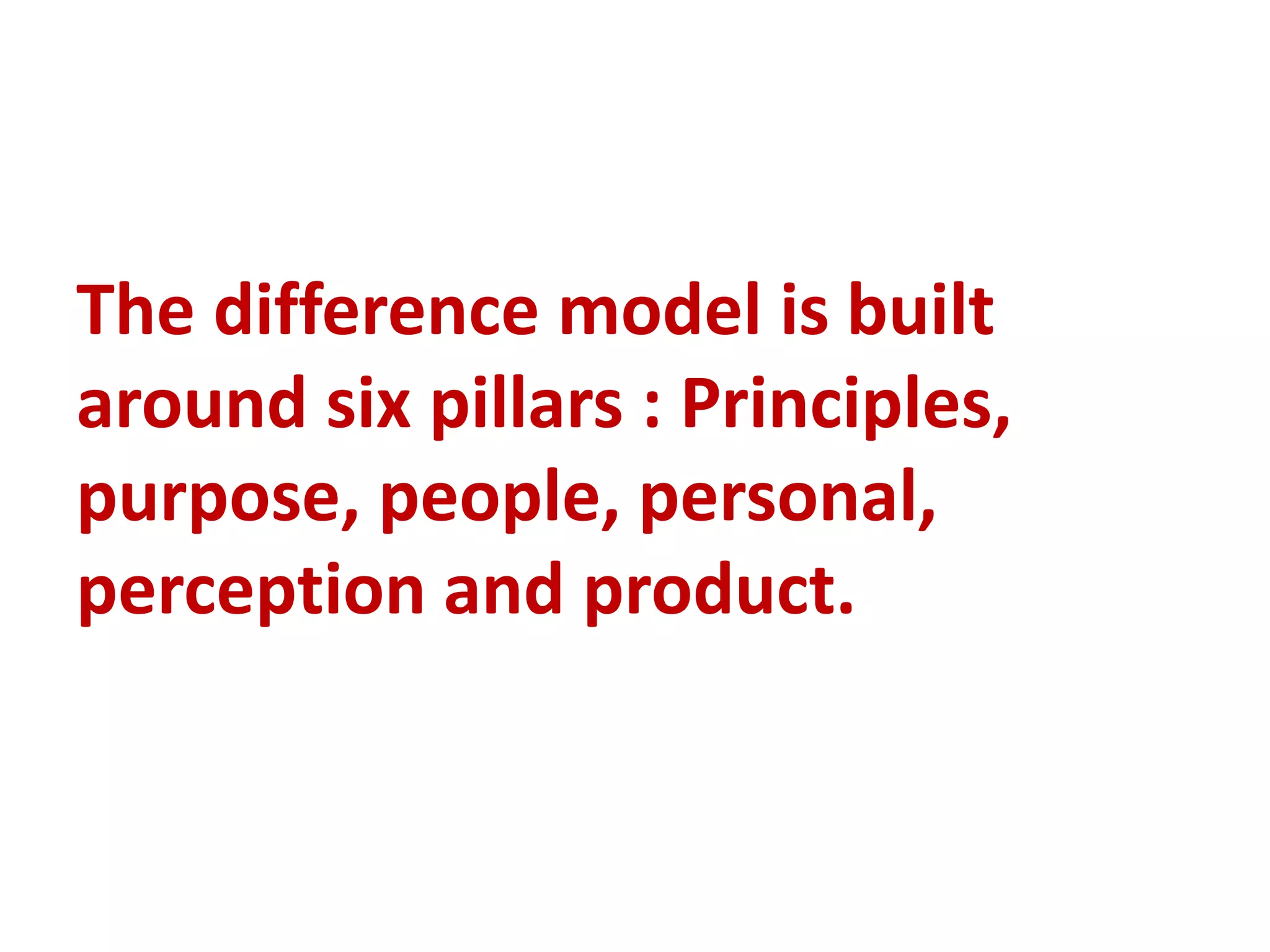 The difference model is built
around six pillars : Principles,
purpose, people, personal,
perception and product.
 